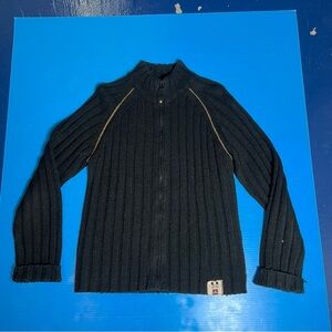 Black Ribbed Zip-Up Sweater with Tan Contrast Piping